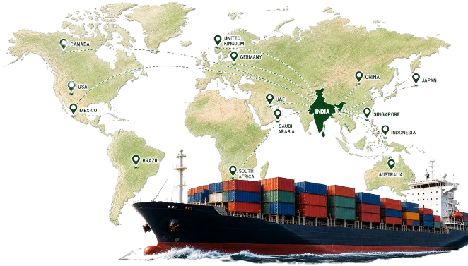 World map showing shipping routes from India, with a container ship in the foreground